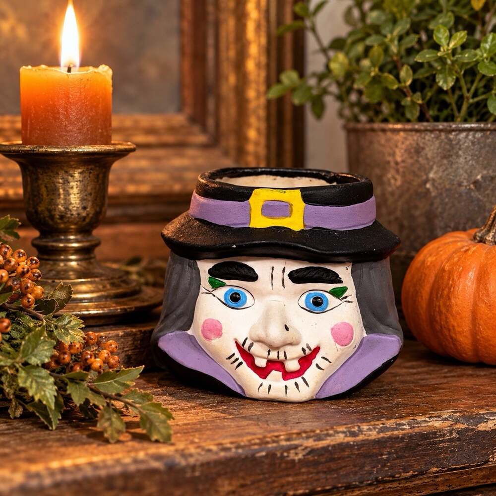 Vintage Halloween Witch Votive Candle Holder Ceramic
